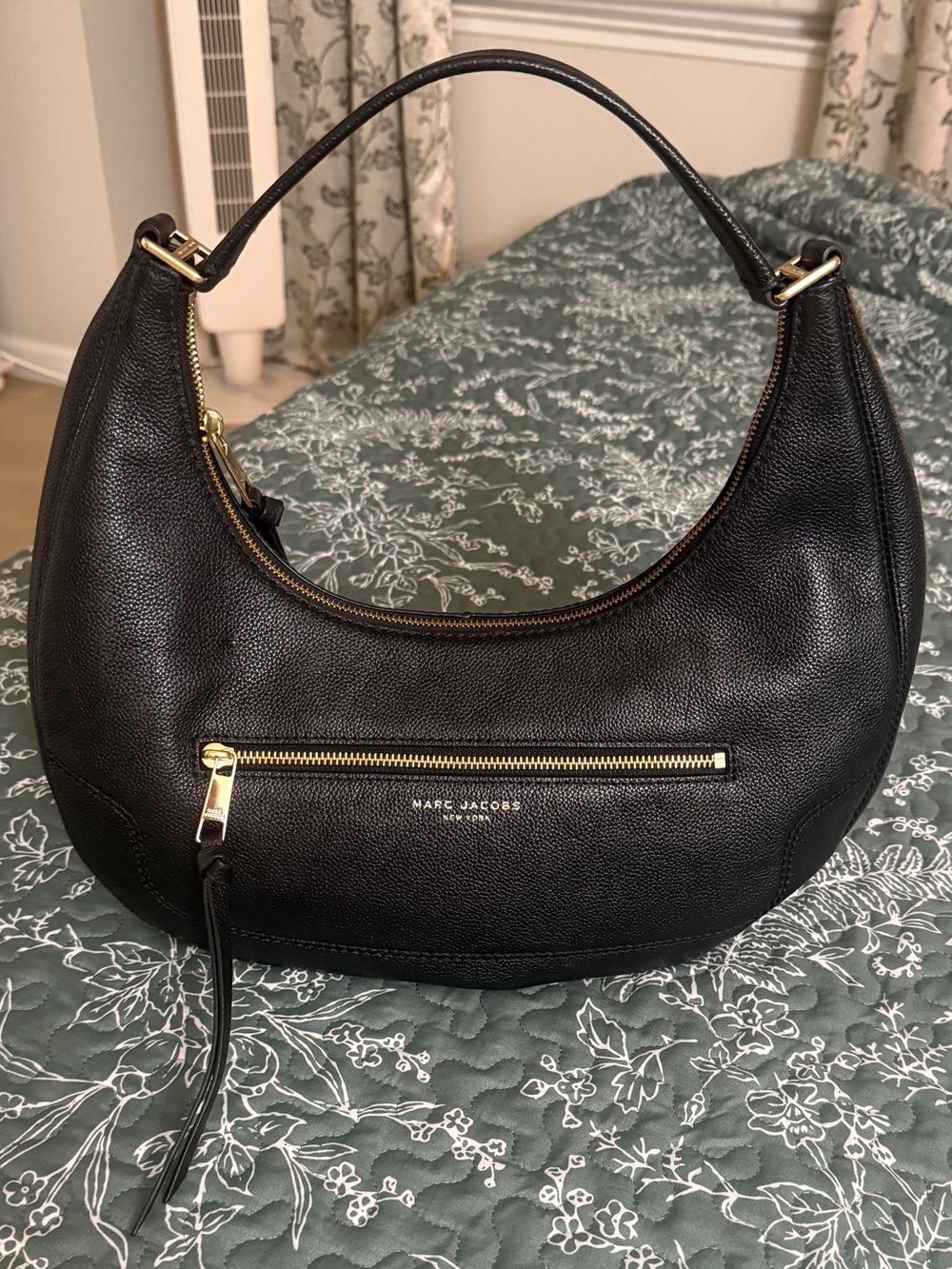 Marc Jacobs Black Pebbled Crescent Hobo with Gold Hardware and Front Zip